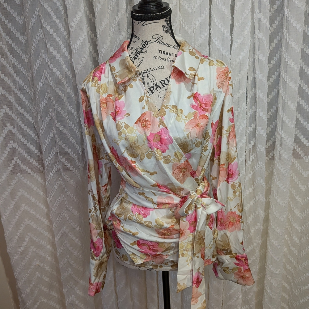 Floral Wrap Blouse - Pink and Brown